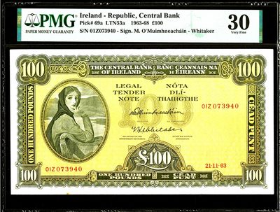 【Blue Auction】✨世界纸币精拍第370期——莫总专场XXIX - 【01Z冠 a版仅7个记录 首年更是少见】爱尔兰 1963年100镑 拉弗雷夫人 河神 超大票幅 PMG30   