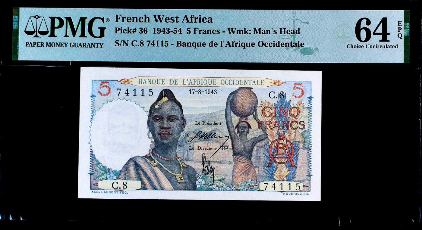 【Blue Auction】✨世界纸币精拍第370期——莫总专场XXIX 【首年】法属西非 1943年5法郎 PMG64EPQ 全新原票