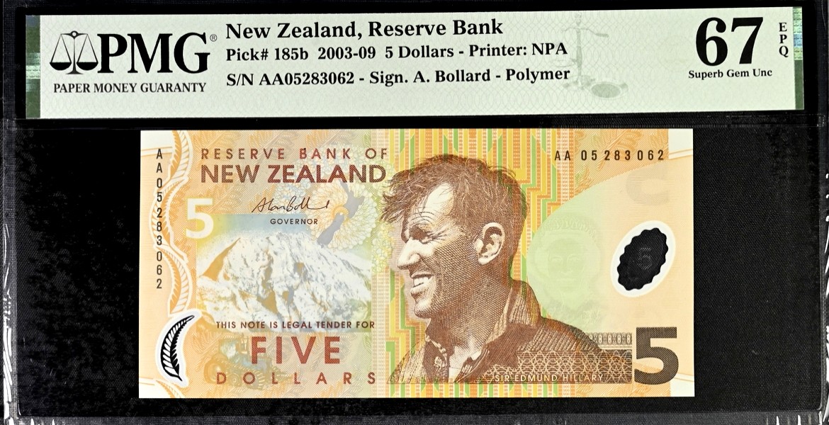 【Blue Auction】✨世界纸币精拍第370期——莫总专场XXIX 【AA无47】新西兰 2003-09年5元 PMG67EPQ 