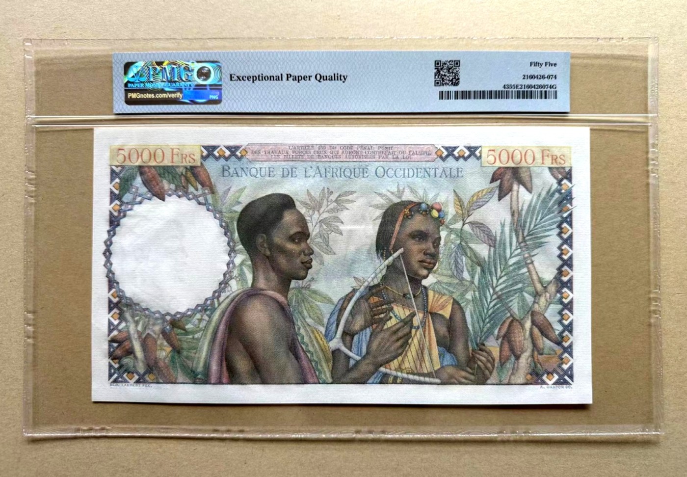 【Blue Auction】✨世界纸币精拍第370期——莫总专场XXIX  【285285冠数重复号 无47】法属西非 1947-50年5000法郎 超大票幅 PMG55EPQ 原票难得 非洲五美图 