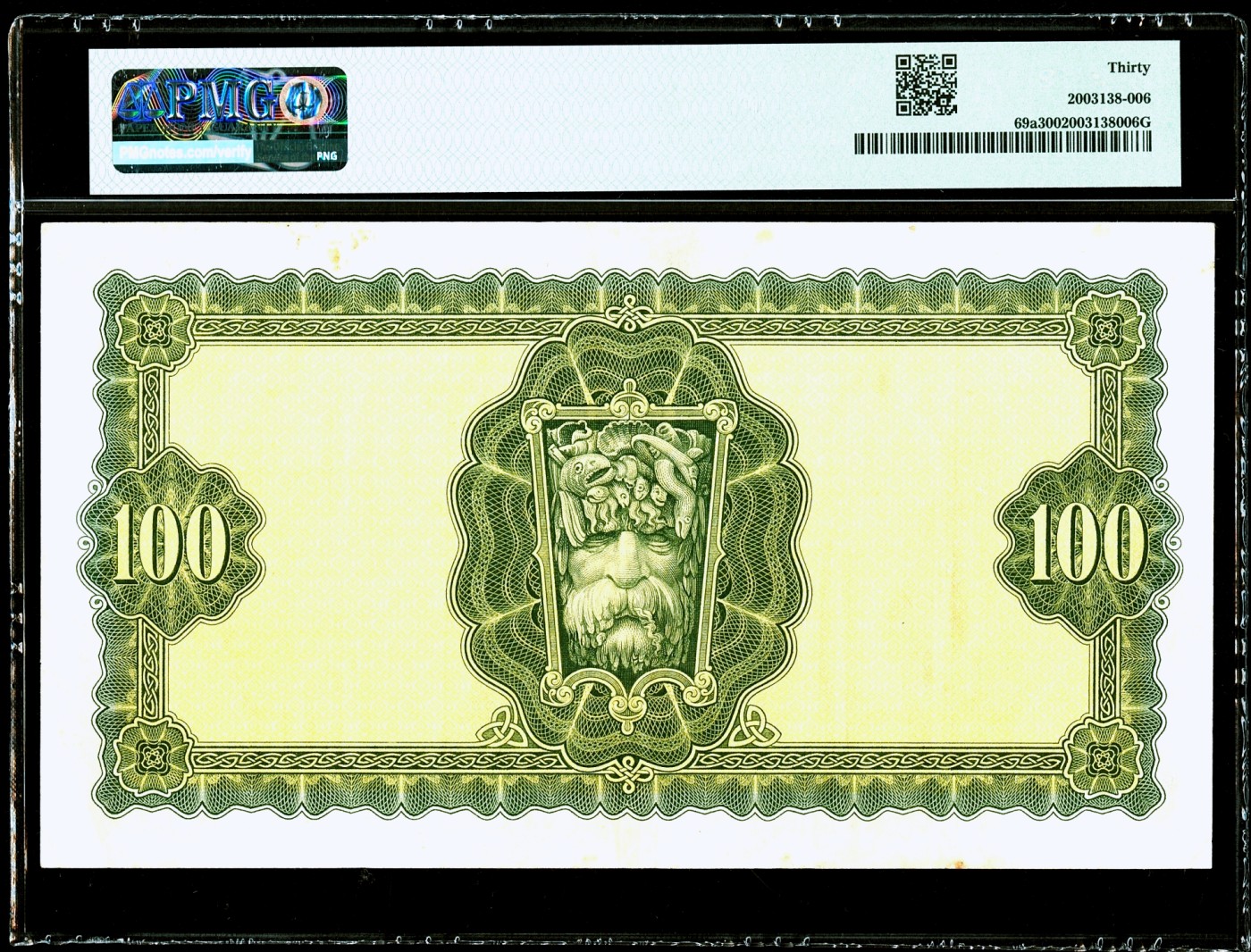 【Blue Auction】✨世界纸币精拍第370期——莫总专场XXIX 【01Z冠 a版仅7个记录 首年更是少见】爱尔兰 1963年100镑 拉弗雷夫人 河神 超大票幅 PMG30   