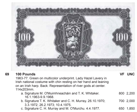 【Blue Auction】✨世界纸币精拍第370期——莫总专场XXIX 【01Z冠 a版仅7个记录 首年更是少见】爱尔兰 1963年100镑 拉弗雷夫人 河神 超大票幅 PMG30   