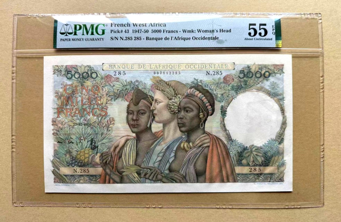 【Blue Auction】✨世界纸币精拍第370期——莫总专场XXIX  【285285冠数重复号 无47】法属西非 1947-50年5000法郎 超大票幅 PMG55EPQ 原票难得 非洲五美图 