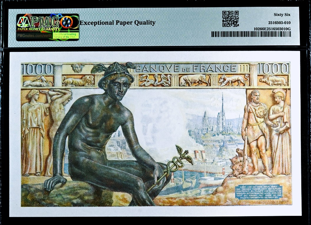 【Blue Auction】✨世界纸币精拍第370期——莫总专场XXIX 【无47 首年少见】法国 1942年1000法郎 PMG66EPQ 墨丘利 大票幅