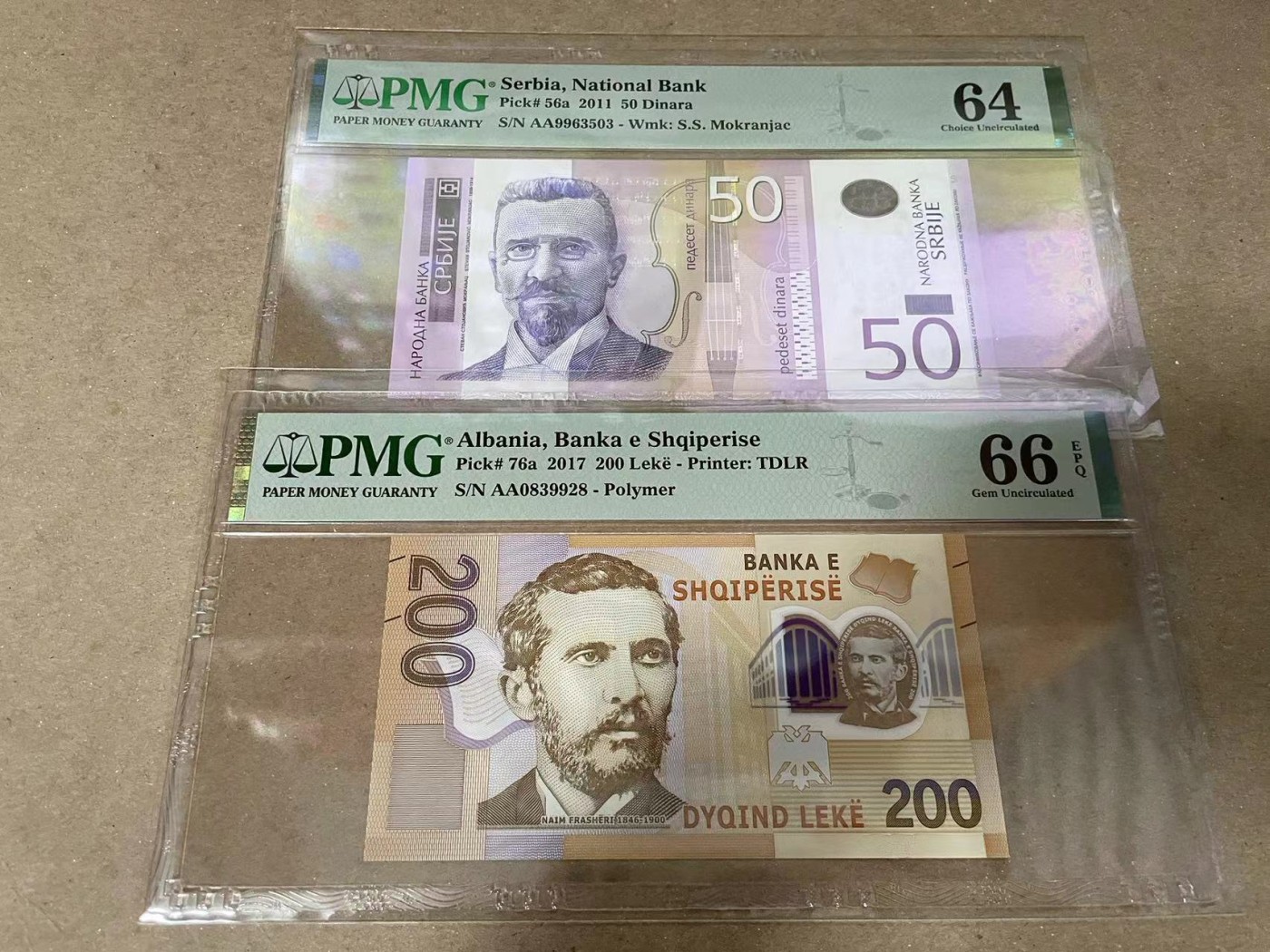 【Blue Auction】✨世界纸币精拍第370期——莫总专场XXIX 【一组2张 AA冠无47】塞尔维亚 2011年50第纳尔 PMG64&阿尔巴尼亚 2017年200列克 PMG66EPQ 