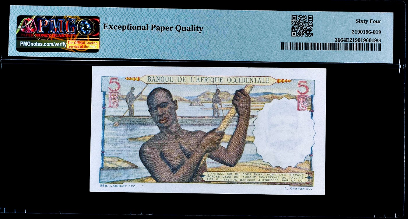 【Blue Auction】✨世界纸币精拍第370期——莫总专场XXIX 【首年】法属西非 1943年5法郎 PMG64EPQ 全新原票