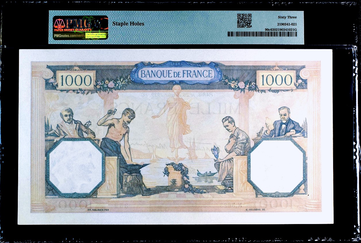 【Blue Auction】✨世界纸币精拍第370期——莫总专场XXIX 【无47】法国 1938-40年1000法郎 超大票幅 PMG63 精美