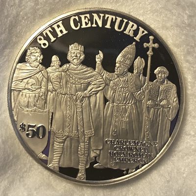 〔小葵钱铺〕银散套币场·第16期 - 库克群岛1997年历史系列8世纪神圣罗马帝国皇帝查理曼精制纪念银币，38.7mm，31.1g