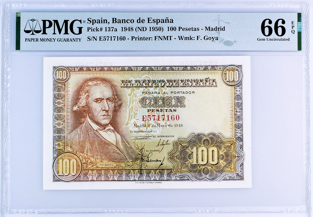 【Blue Auction】✨世界纸币精拍第370期——莫总专场XXIX 西班牙 1948年100比塞塔 PMG66EPQ 戈雅名画 马车