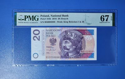 港、澳、台、中外钞、流水签、机签、箱包单、靓号专场第33期 - 波兰2016年20兹罗提纸钞 大开门 000 头 狮子号 老板冠 BS 0008888 PMG67严评高分一张/如图 