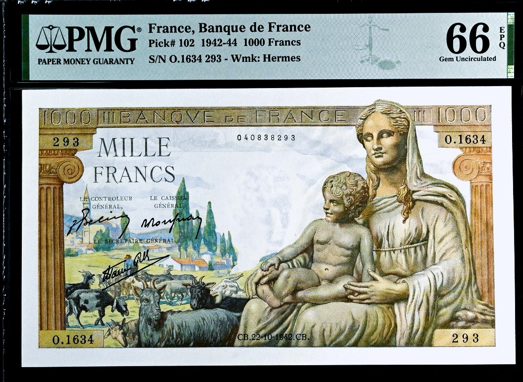 【Blue Auction】✨世界纸币精拍第370期——莫总专场XXIX 【无47 首年少见】法国 1942年1000法郎 PMG66EPQ 墨丘利 大票幅