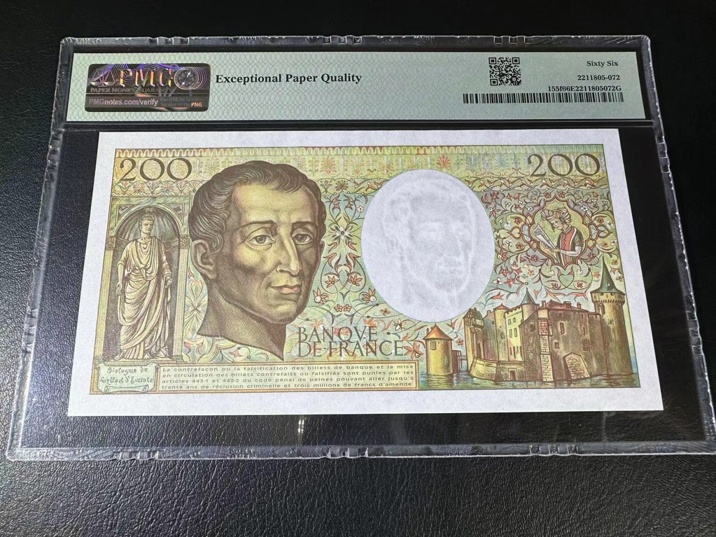 【Blue Auction】✨世界纸币精拍第370期——莫总专场XXIX 【p155f最少见版本无47】法国 1994年200法郎 孟德斯鸠 PMG66EPQ