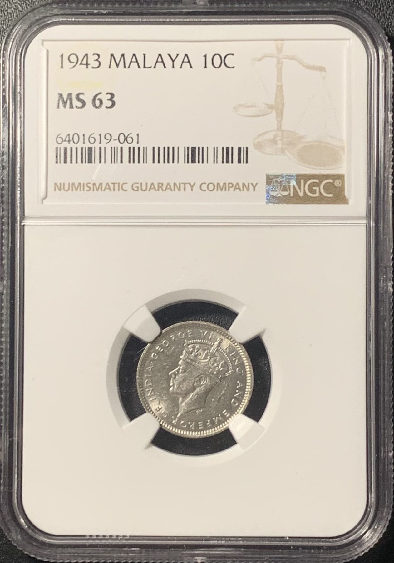 紫瑗钱币——第303期拍卖 马来亚 1943年 乔治六世 10分 银币 NGC MS63