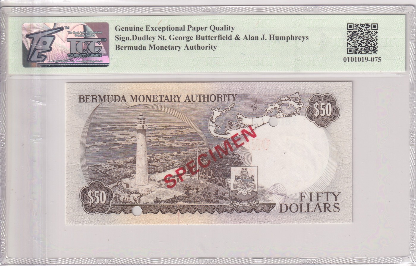 乐淘淘纸币精选 第19期  百慕大1978-84年纸币 女王钞 50元 打孔样钞 TQG66EPQ