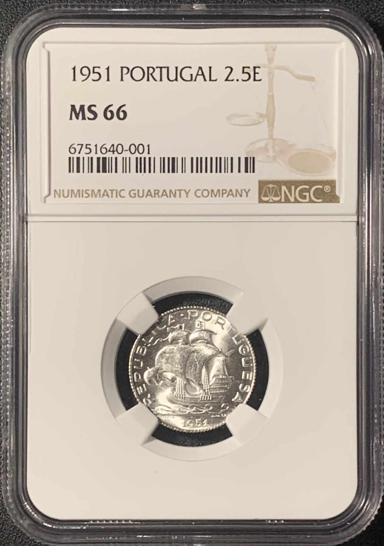 紫瑗钱币——第303期拍卖 葡萄牙 1951年 帆船 2.5埃斯库多 银币 NGC MS66