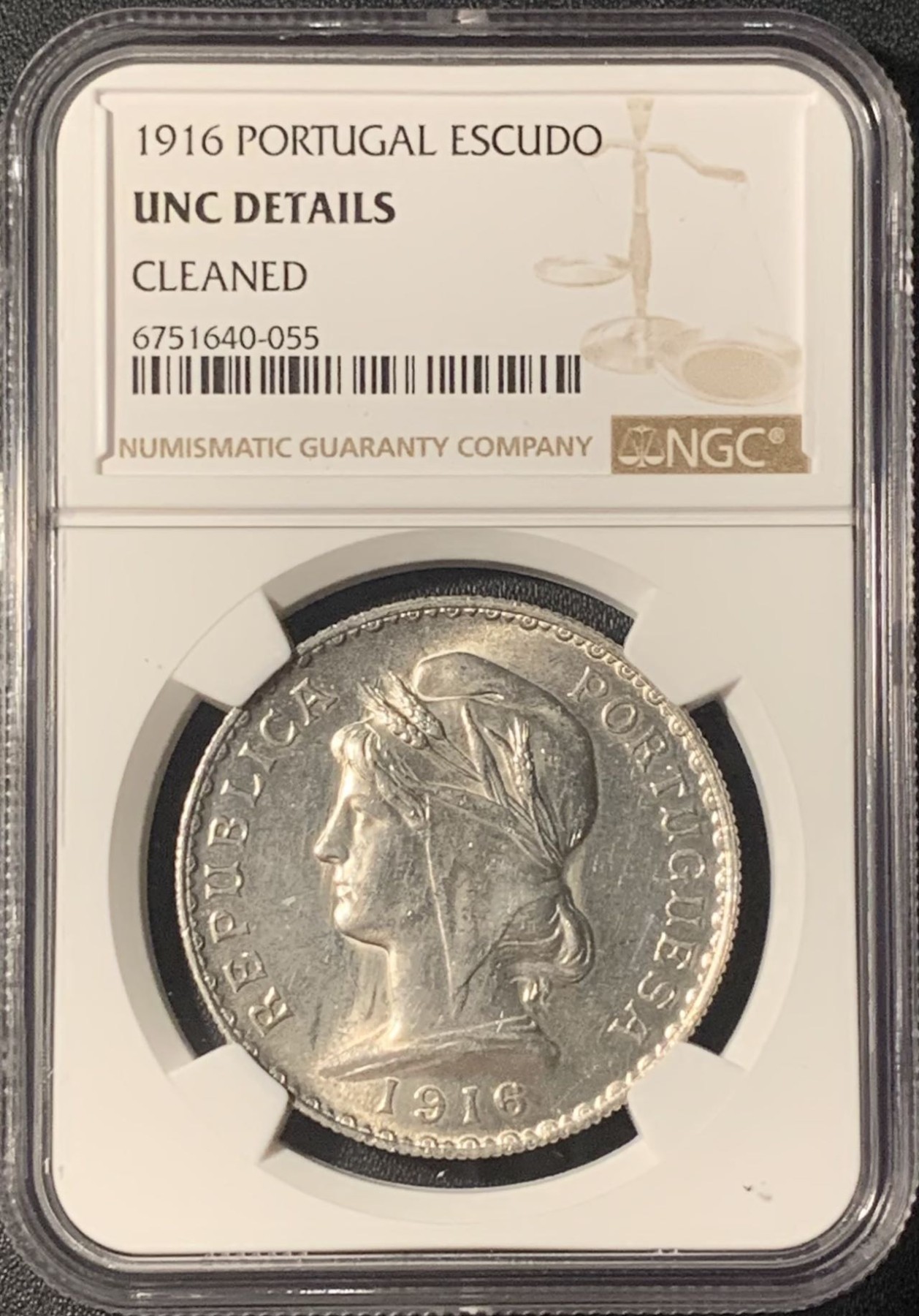 紫瑗钱币——第303期拍卖 葡萄牙 1916年 自由女神 1埃斯库多 银币 NGC UNC Detail