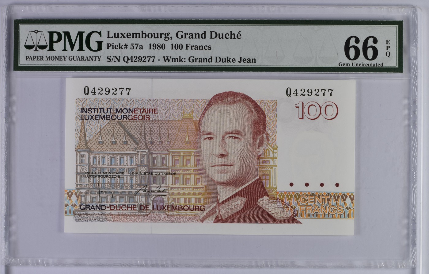 收藏联盟Quantum Auction 第289期拍卖  卢森堡1980年100法郎 PMG66 初版