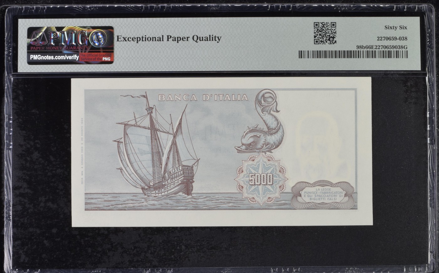 乐淘淘纸币精选 第19期  【L0083 006220】意大利1968年纸币 5000里拉 少见首版 号码无47 PMG66EPQ 季军分