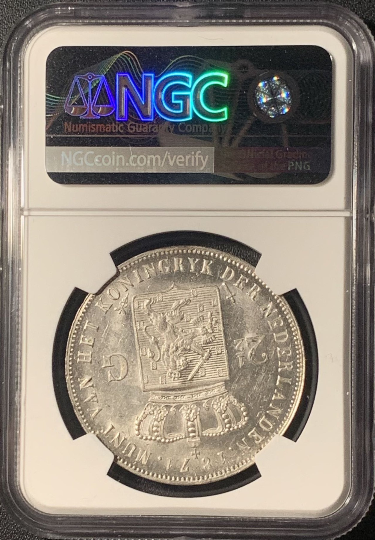 紫瑗钱币——第303期拍卖 荷兰 1871年 威廉三世 2.5盾 银币 NGC MS61 细节超级好