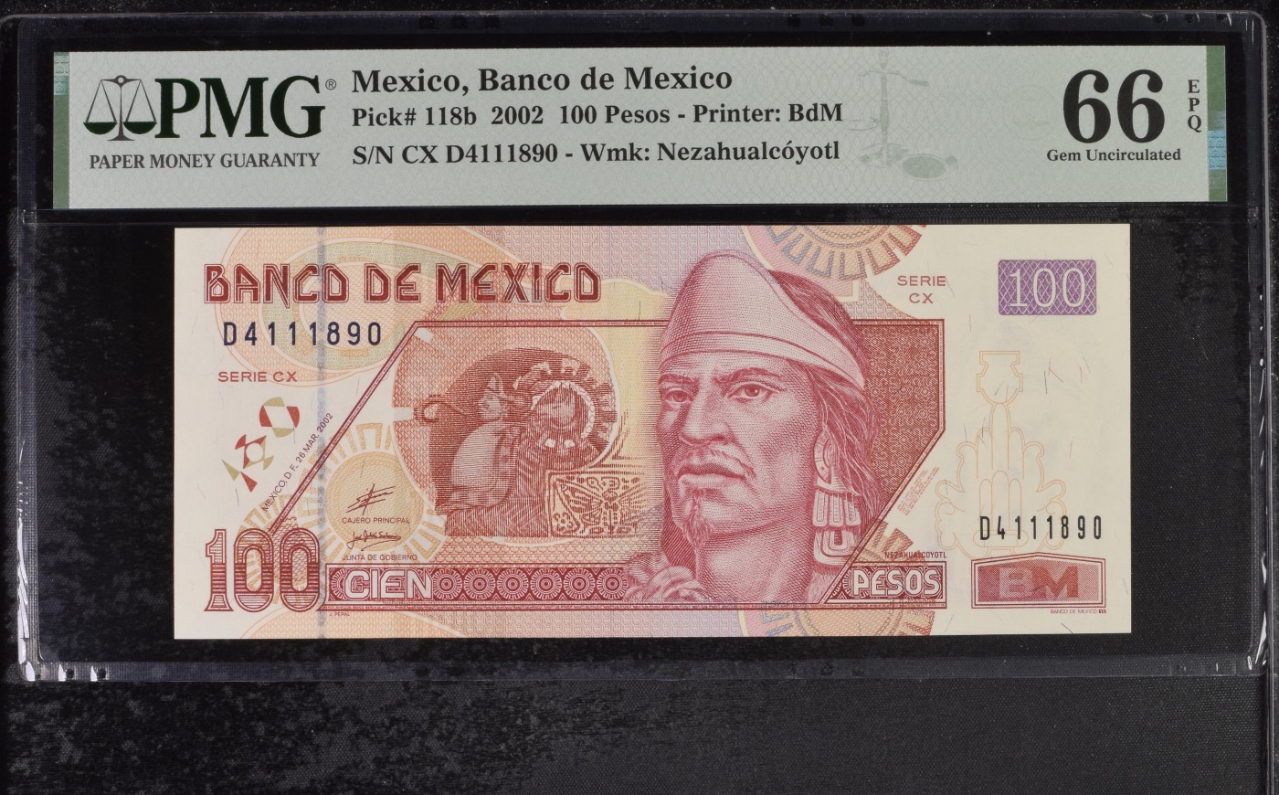 乐淘淘纸币精选 第19期  【CX D4111890】墨西哥2002年纸币 100比索 PMG66EPQ