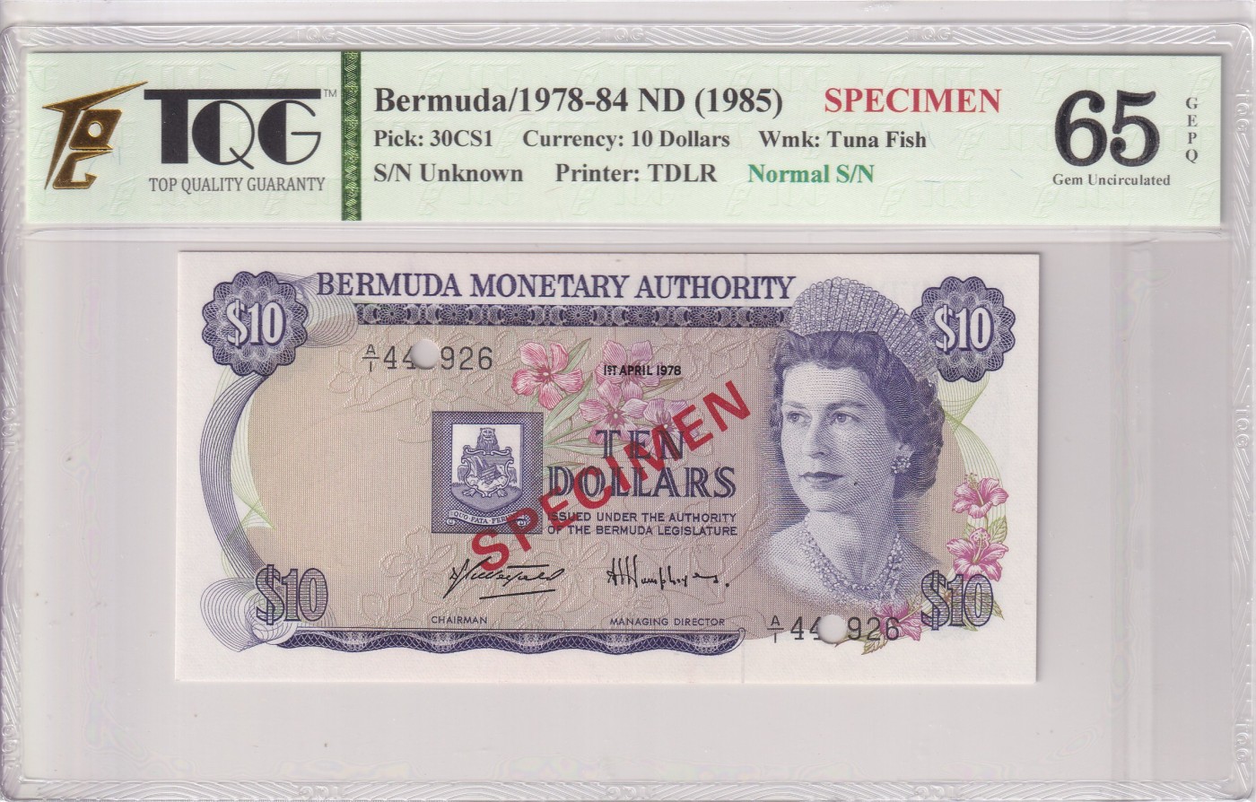 乐淘淘纸币精选 第19期  百慕大1978-84年纸币 女王钞 10元 打孔样钞 TQG65EPQ