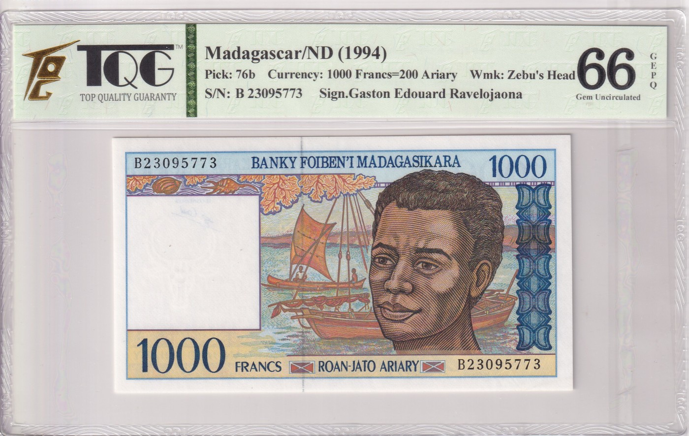 乐淘淘纸币精选 第19期  【B 23095773】马达加斯加1994年纸币 1000法郎 TQG66EPQ