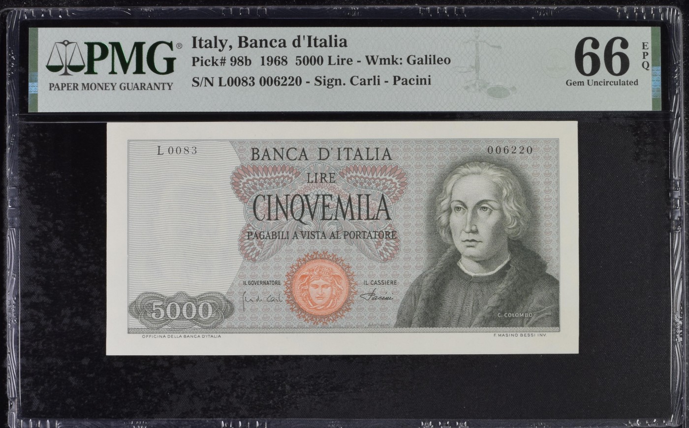乐淘淘纸币精选 第19期  【L0083 006220】意大利1968年纸币 5000里拉 少见首版 号码无47 PMG66EPQ 季军分