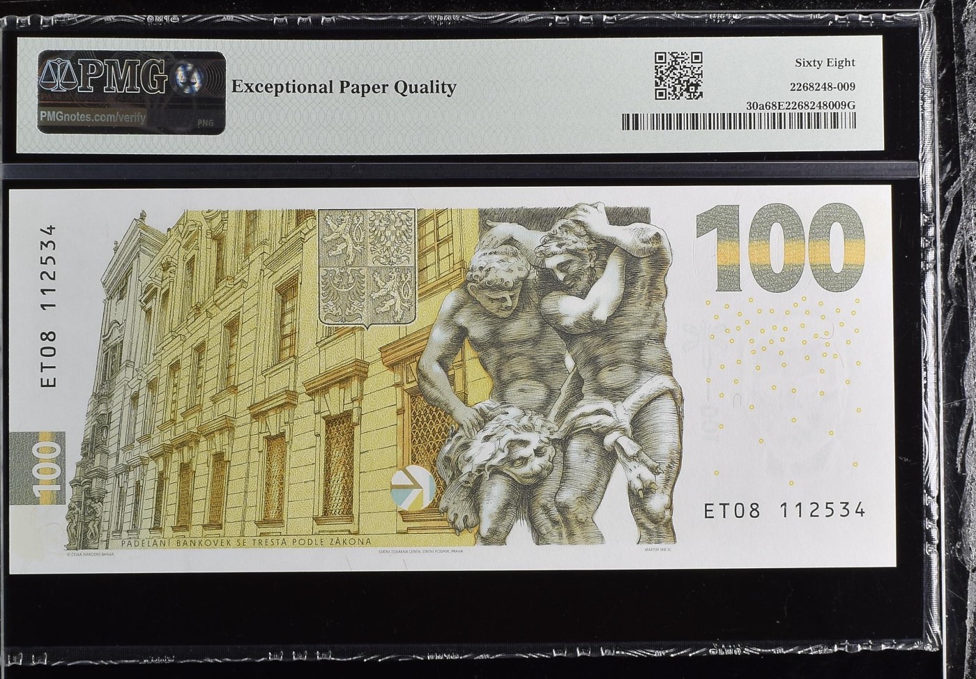 乐淘淘纸币精选 第19期  【ET08112534】捷克2022年纸币 100克朗 纪念钞 PMG68EPQ 季军分