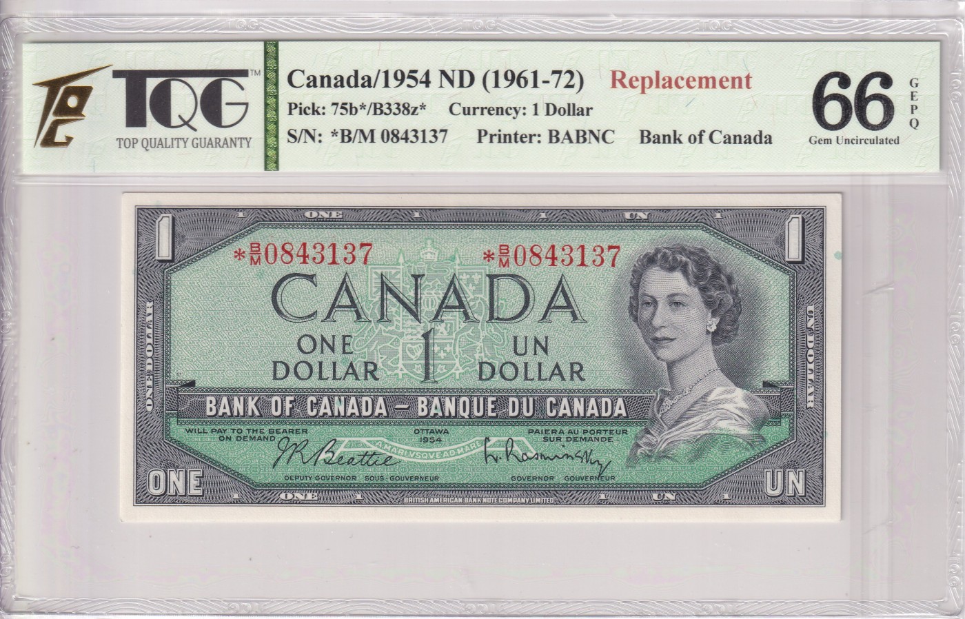 乐淘淘纸币精选 第19期  【*B/M 0843137】加拿大1961-72年纸币 1元 女王钞 补号 TQG66EPQ