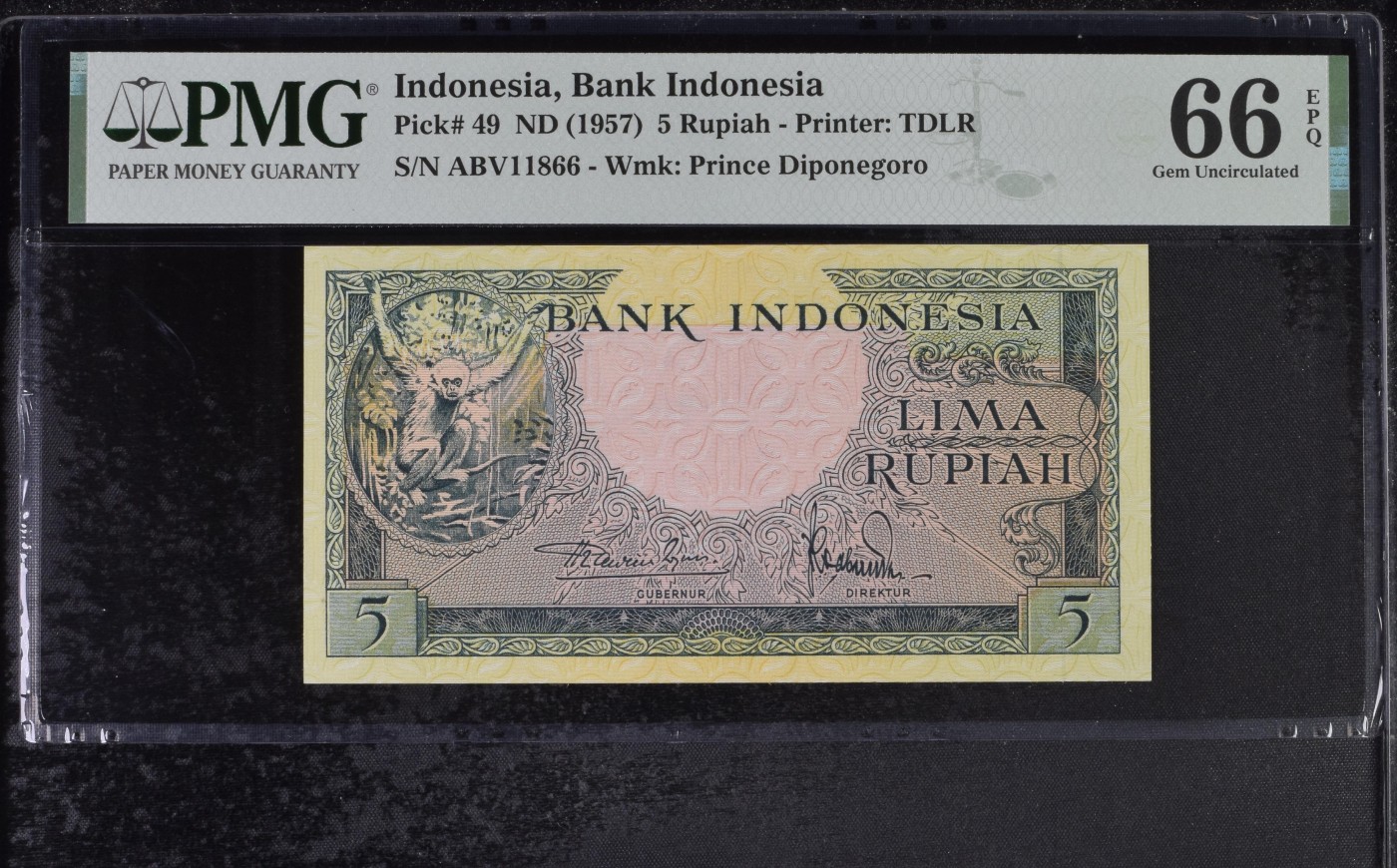 乐淘淘纸币精选 第19期  【ABV11866】印度尼西亚1957年纸币 5卢比 经典猴 倒置号双尾66 PMG66EPQ