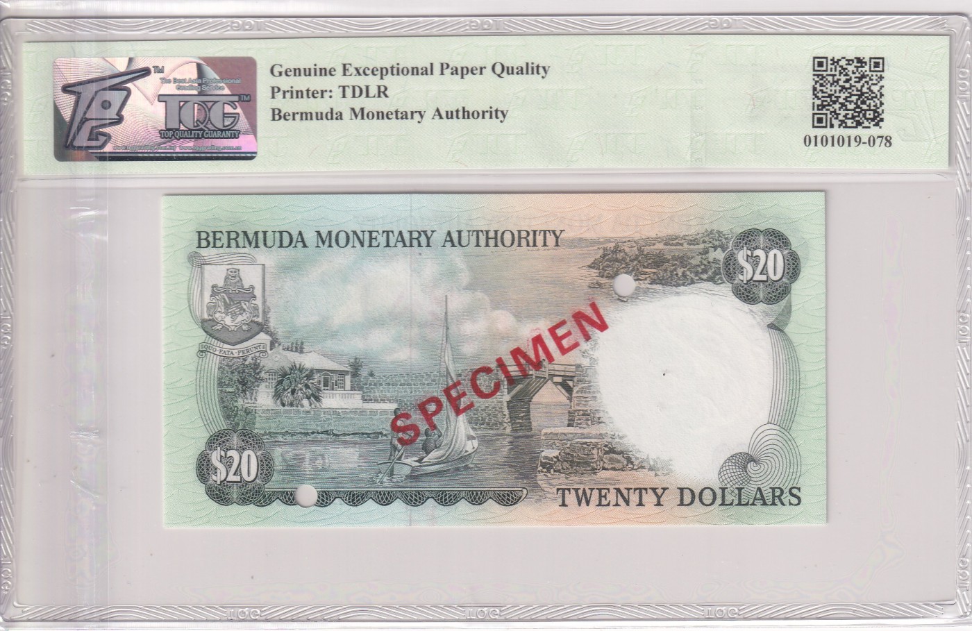 乐淘淘纸币精选 第19期  百慕大1978-84年纸币 女王钞 20元 打孔样钞 TQG65EPQ
