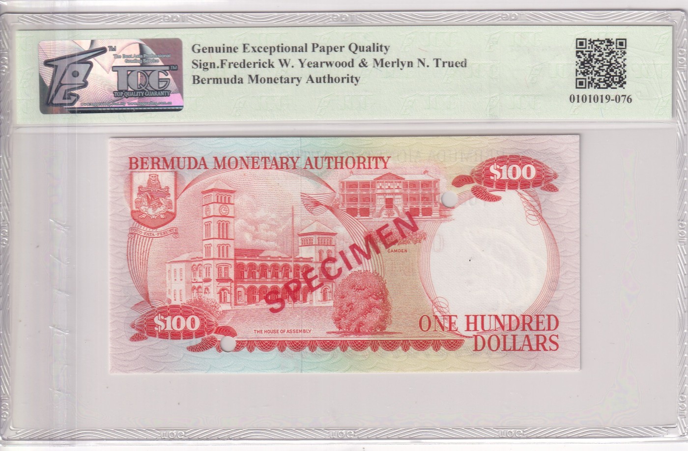 乐淘淘纸币精选 第19期  百慕大1978-84年纸币 女王钞 100元 打孔样钞 TQG66EPQ