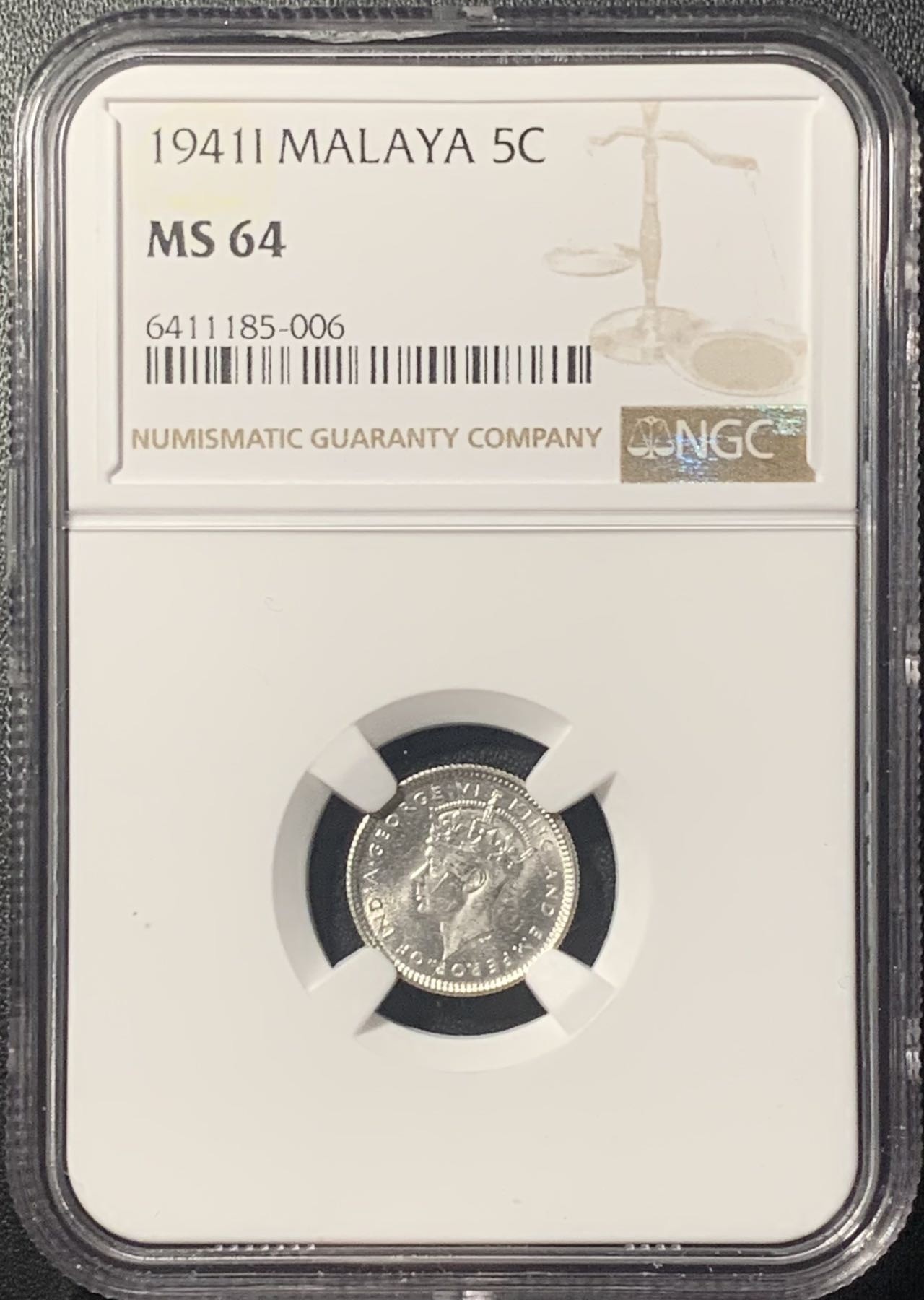 紫瑗钱币——第303期拍卖    共2张 马来亚 1941年 i版 乔治六世 5分 银币 NGC MS64