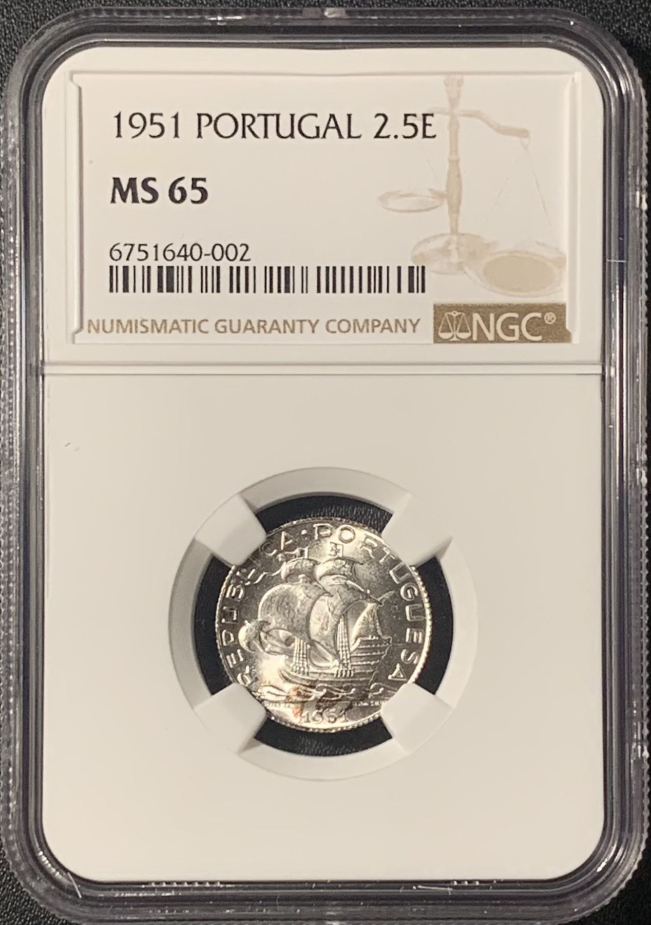 紫瑗钱币——第303期拍卖 葡萄牙 1951年 帆船 2.5埃斯库多 银币 NGC MS65