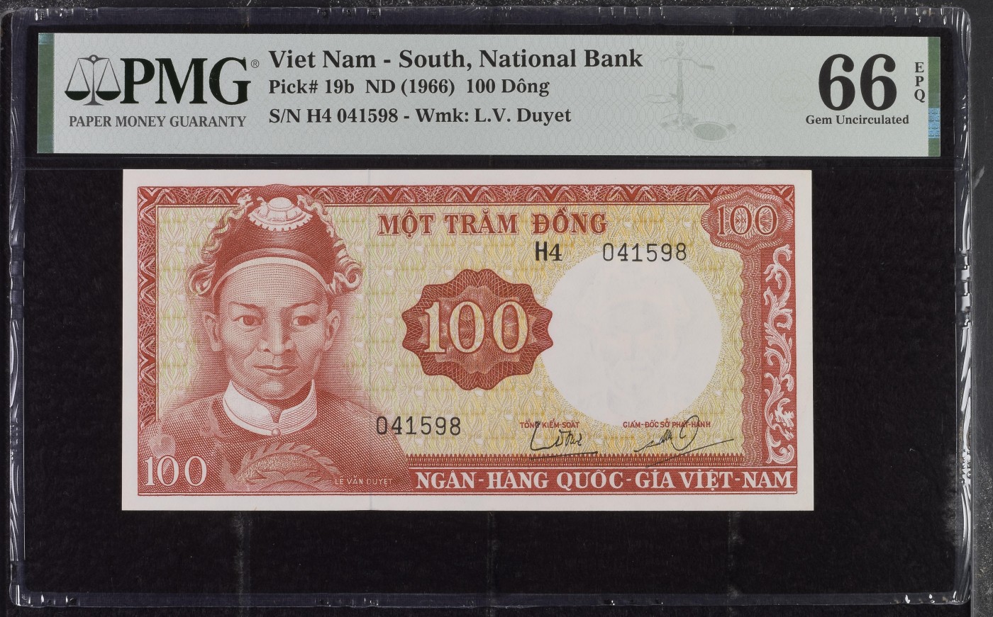 收藏联盟Quantum Auction 第289期拍卖  越南(南越)ND (1966)年100盾 PMG66 越南阮朝杰出的军事家.政治家 宦官黎文悦