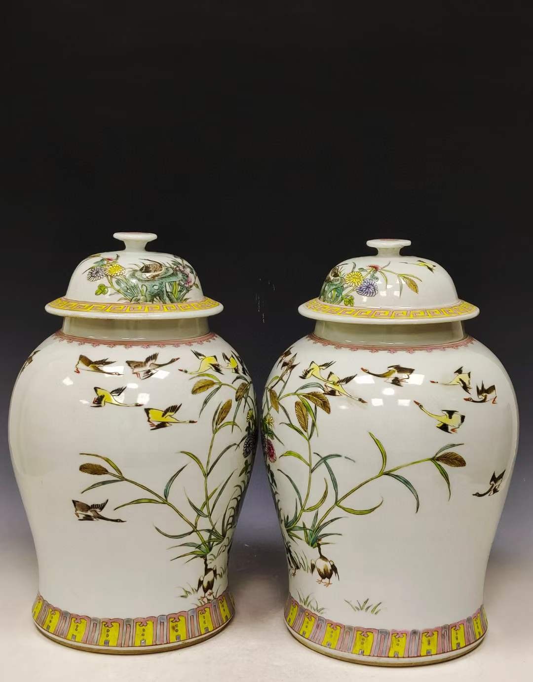 美品.款识“大清嘉庆年制”精工细作满工官窑粉彩大雁纹将军罐一对- 亚太