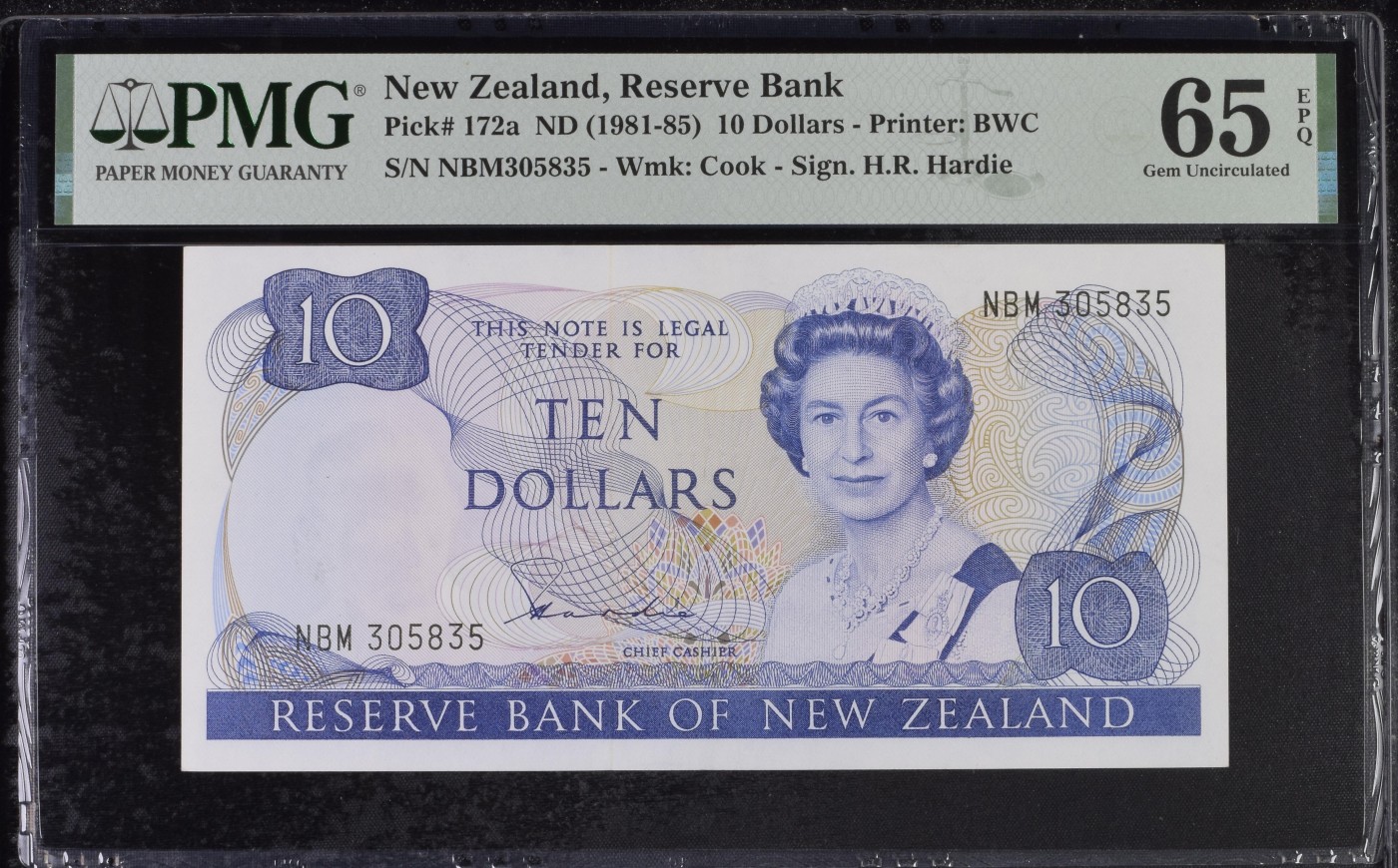 乐淘淘纸币精选 第19期  【NBM308535】新西兰1981-85年纸币 10元 首版 女王钞 PMG65EPQ