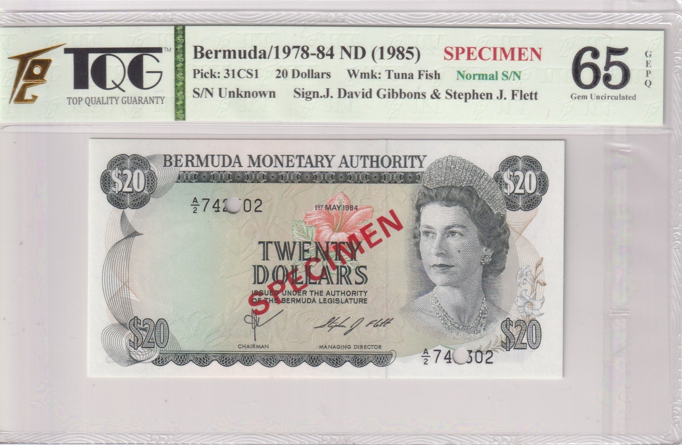 乐淘淘纸币精选 第19期  百慕大1978-84年纸币 女王钞 20元 打孔样钞 TQG65EPQ
