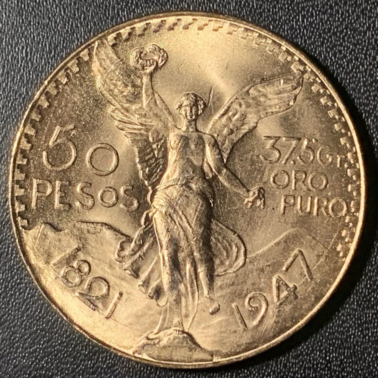 紫瑗钱币——第303期拍卖 墨西哥 1947年 胜利女神 50比索 41.66克 0.9金 UNC