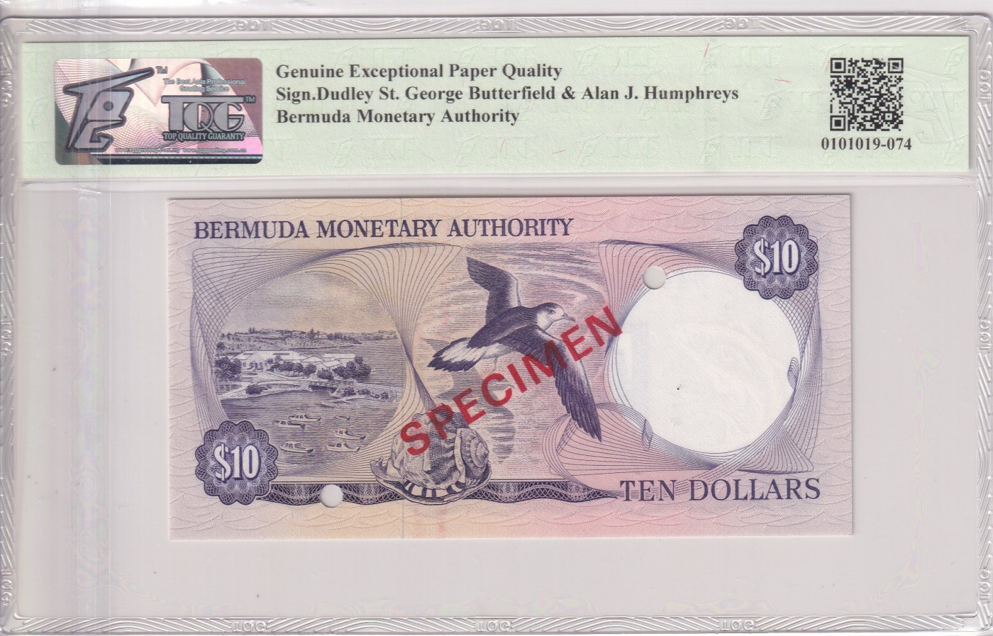 乐淘淘纸币精选 第19期  百慕大1978-84年纸币 女王钞 10元 打孔样钞 TQG65EPQ