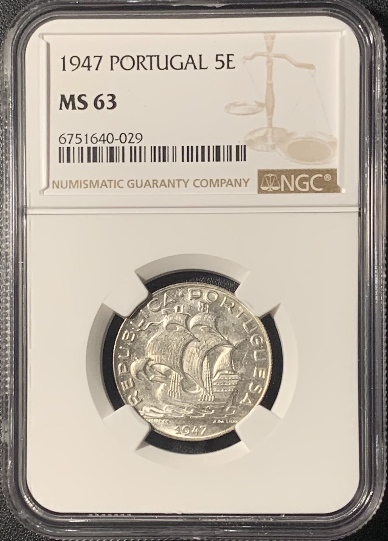 紫瑗钱币——第303期拍卖 葡萄牙 1947年 帆船 5埃斯库多 银币 NGC MS63