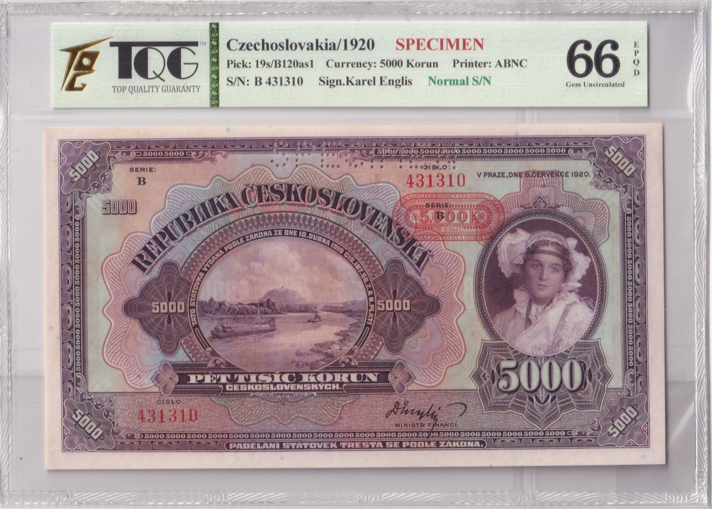 乐淘淘纸币精选 第19期  【B.431310】波西米亚1920年纸币 5000克朗 样钞 百年老钞 TQG66EPQ