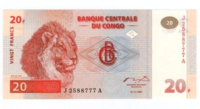 【浩洋钞市】纸钞拍卖第八期—周日下午三点/靓号 - 【豹子号777】全新1997年民主刚果20法郎
