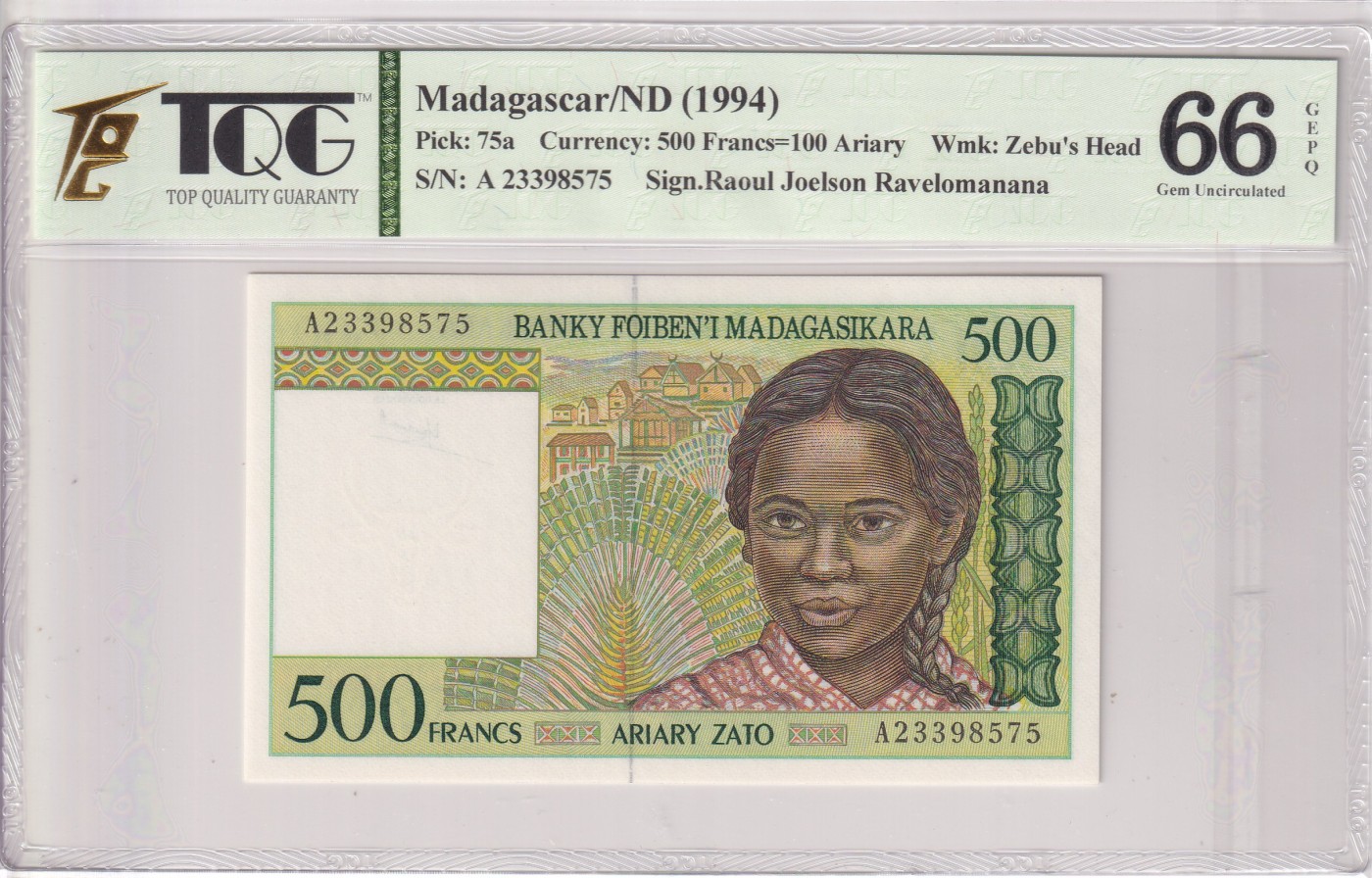 乐淘淘纸币精选 第19期  【A 23398575】马达加斯加1994年纸币 500法郎 稀少A冠 首版首签 TQG66EPQ
