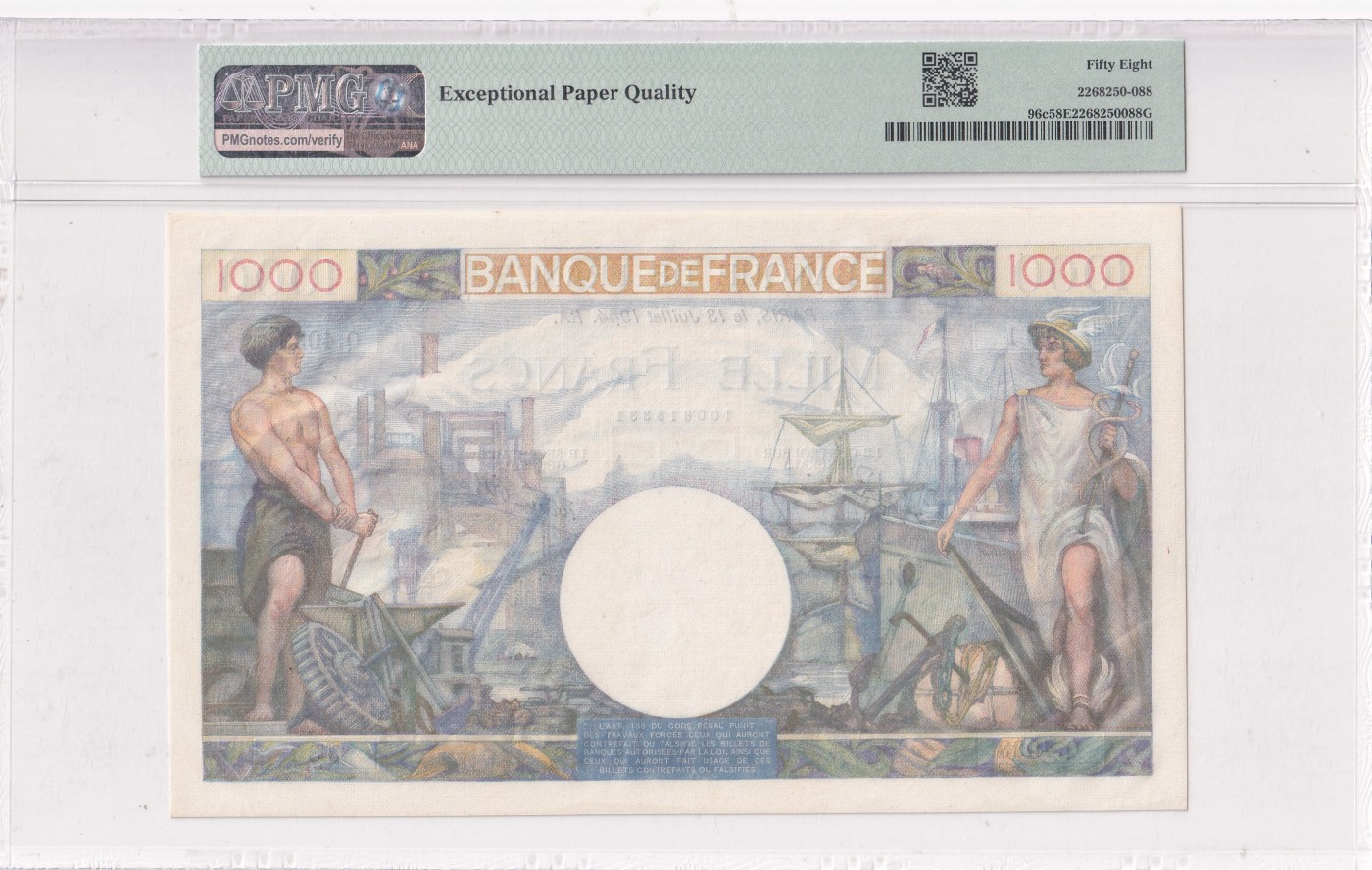 乐淘淘纸币精选 第19期  【Q.4033 331】法国1944年纸币 1000法郎 精美大票幅 PMG58EPQ