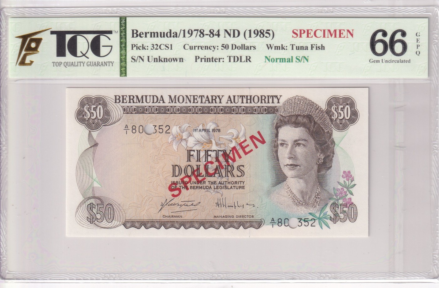 乐淘淘纸币精选 第19期  百慕大1978-84年纸币 女王钞 50元 打孔样钞 TQG66EPQ