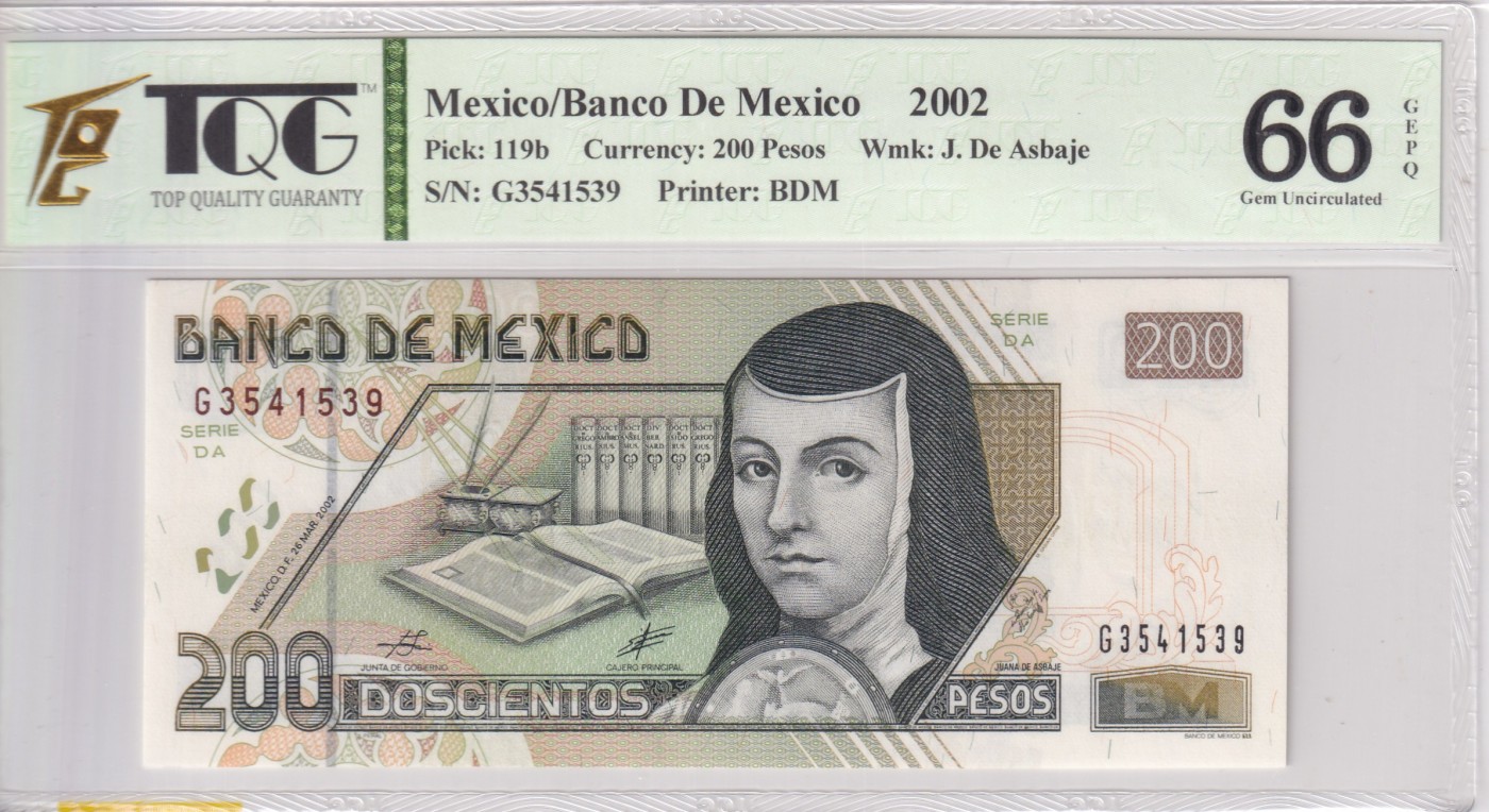 乐淘淘纸币精选 第19期  【G3541539】墨西哥2002年纸币 200比索 TQG66EPQ