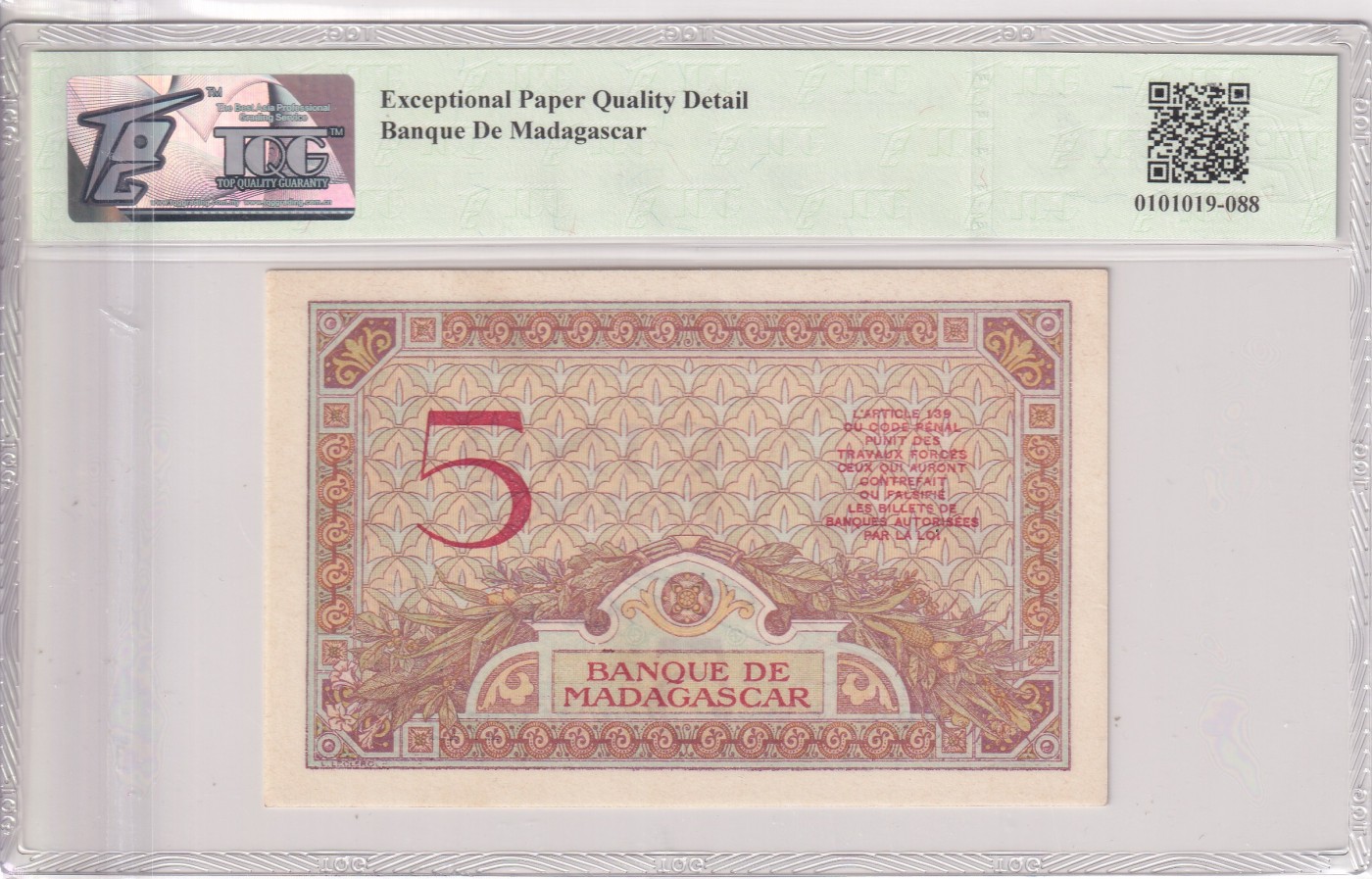 乐淘淘纸币精选 第19期  【V.2742 383】马达加斯加1937年纸币 5法郎 TQG66EPQ