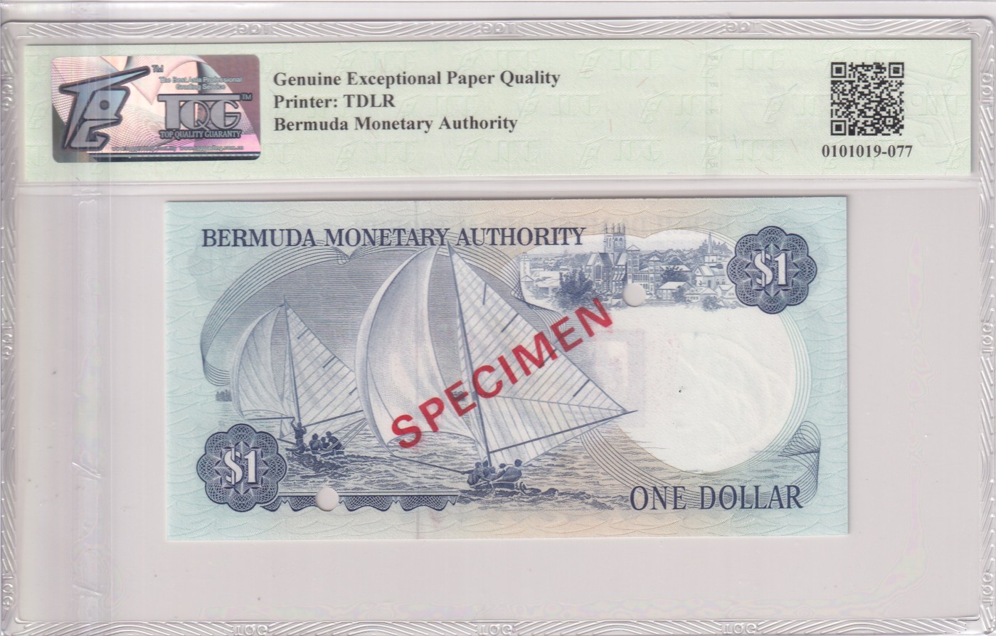 乐淘淘纸币精选 第19期  百慕大1978-84年纸币 女王钞 1元 打孔样钞 TQG67EPQ