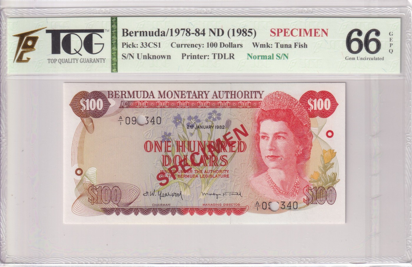 乐淘淘纸币精选 第19期  百慕大1978-84年纸币 女王钞 100元 打孔样钞 TQG66EPQ